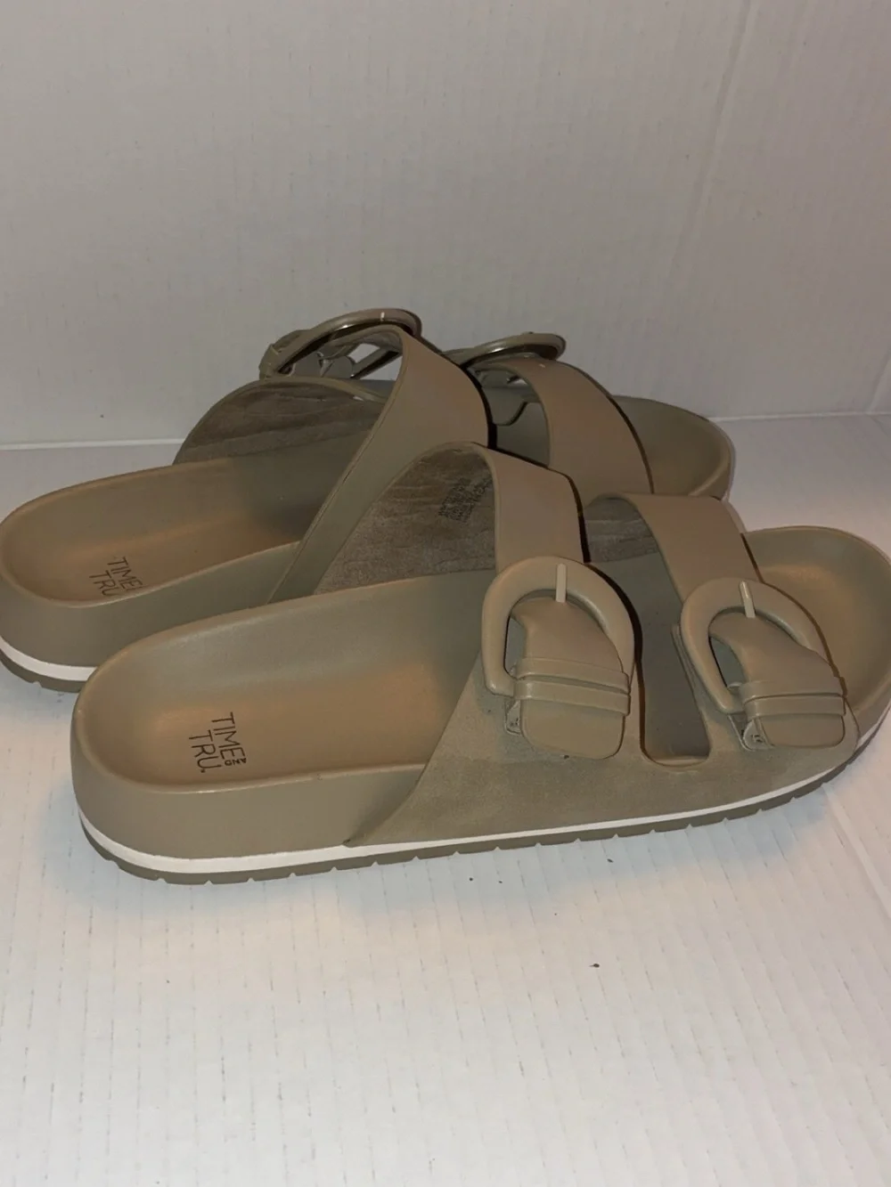 Time and Tru Taupe Double-Strap Buckle Slide Sandals